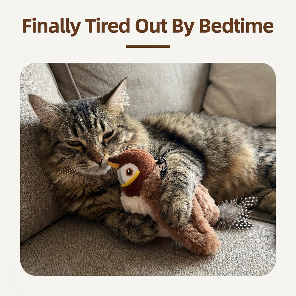 Cat cuddling simulated bird toy at bedtime