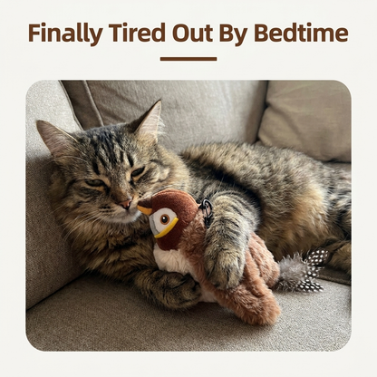 Cat cuddling simulated bird toy at bedtime