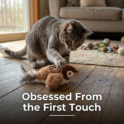 Cat obsessed playing with bird toy on floor