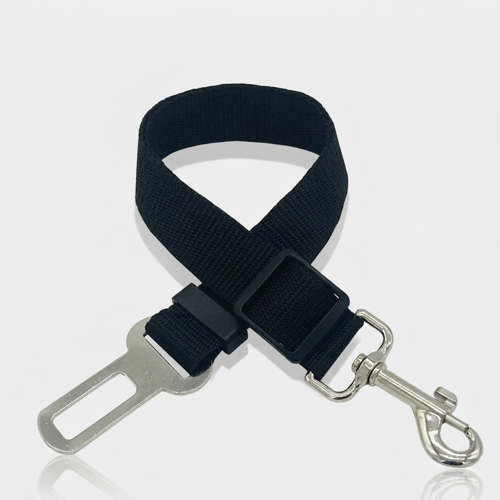 Black nylon dog car seat belt tether with a metal seat belt buckle clip, adjustable slider and swivel snap hook, shown on a white background.