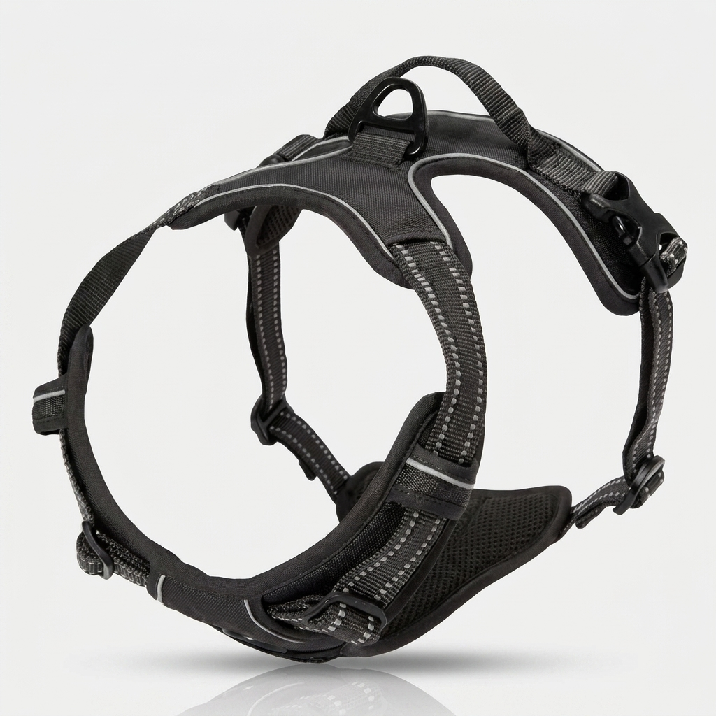 A black vest-style dog harness shown from the side against a plain background.