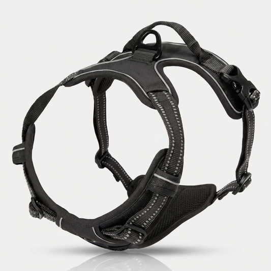 A black vest-style dog harness shown from the side against a plain background.