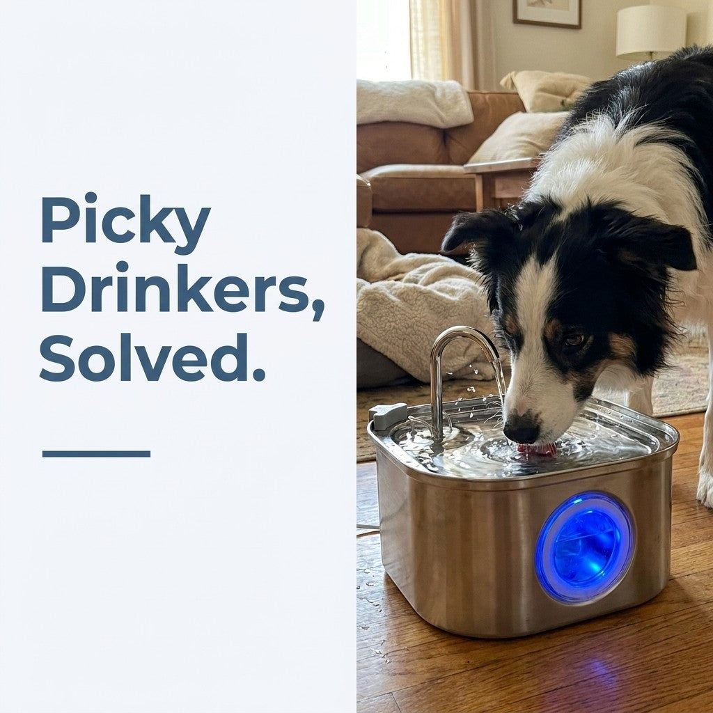 Black and white border collie drinking from a stainless steel pet water fountain with a lit blue window in a cozy living room.