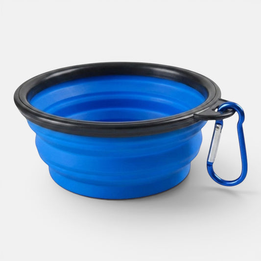 A blue collapsible silicone travel bowl for dogs shown open and ready to hold food or water.