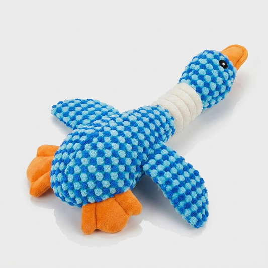 Blue checkered plush duck dog toy with orange beak and feet displayed on a white background.