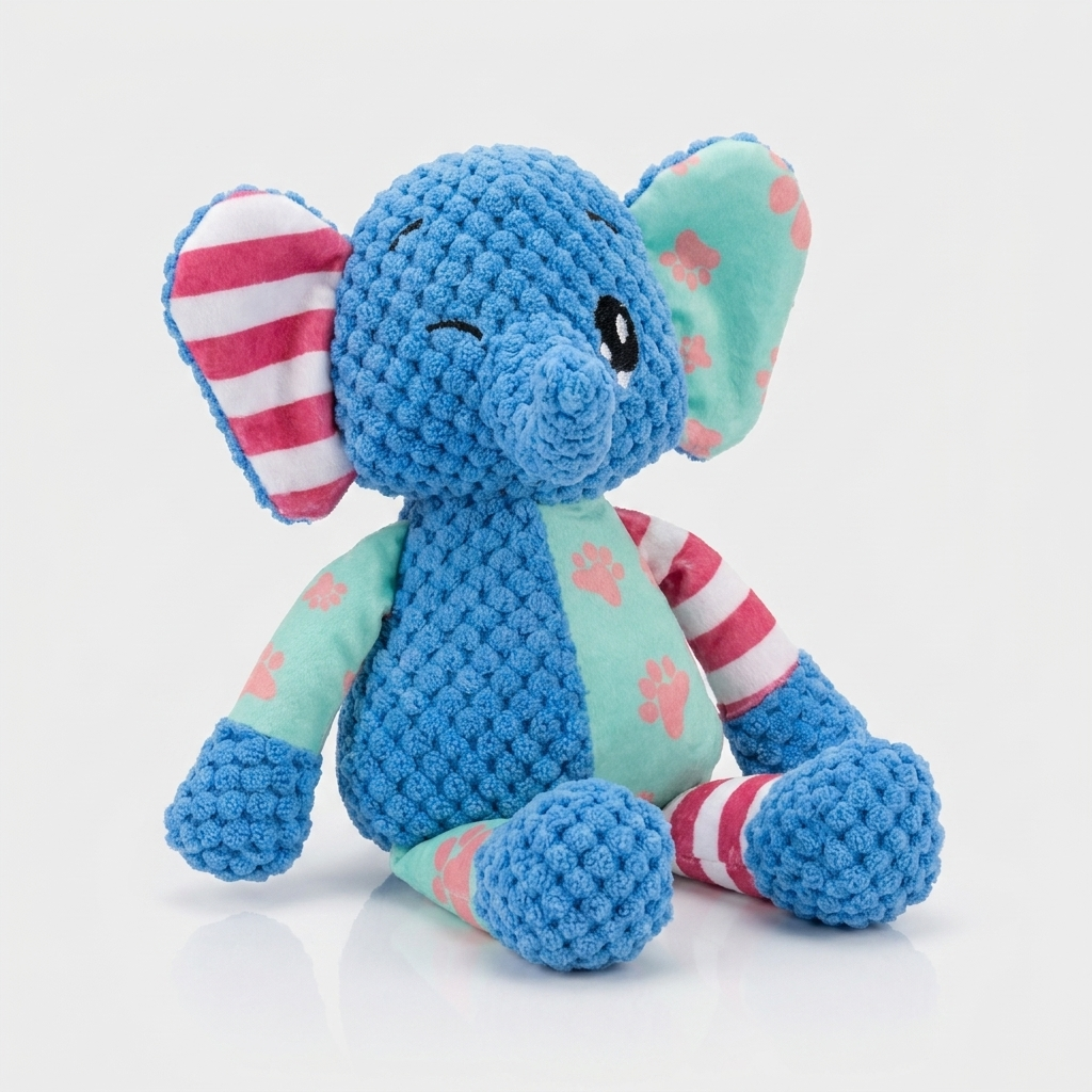 Blue plush elephant-character dog toy with pink striped ears, shown on a white background.