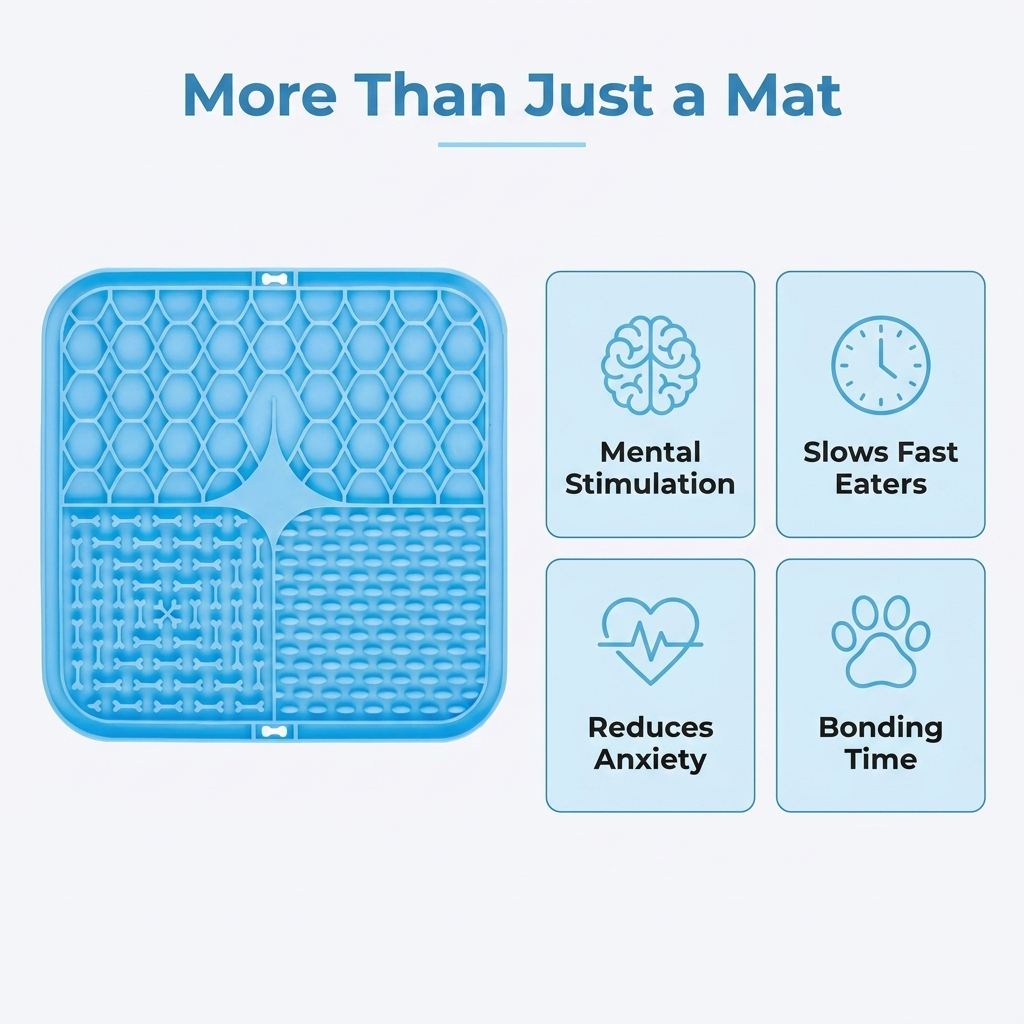 More Than Just a Mat feature graphic showing a blue lick mat with four benefit icons: mental stimulation, slows fast eaters, reduces anxiety, and bonding time.