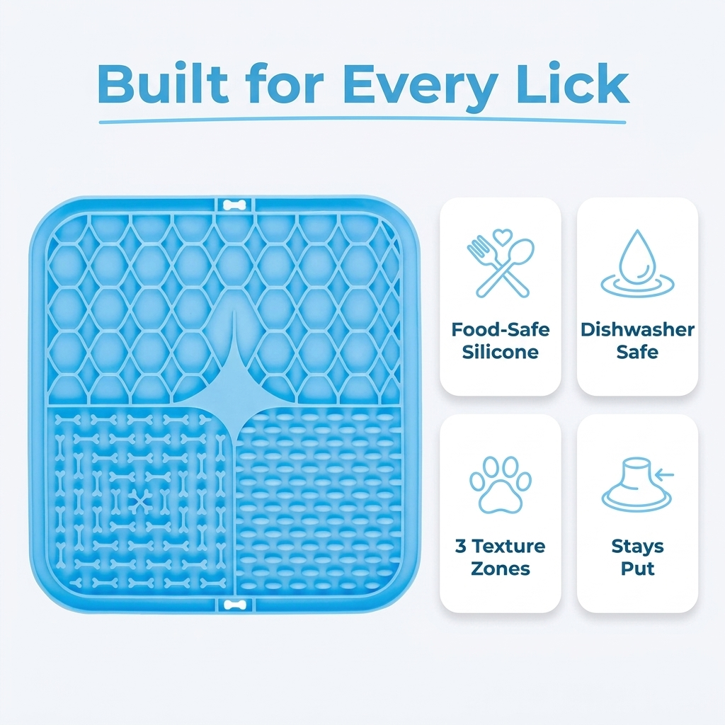Built for Every Lick feature graphic showing a blue lick mat with four icons: food-safe silicone, dishwasher safe, three texture zones, and stays put.