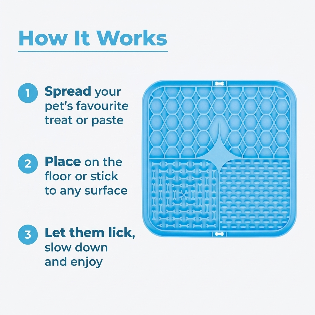 How It Works infographic showing a blue silicone lick mat with three steps: spread treats, place or stick to a surface, and let them lick to slow down.