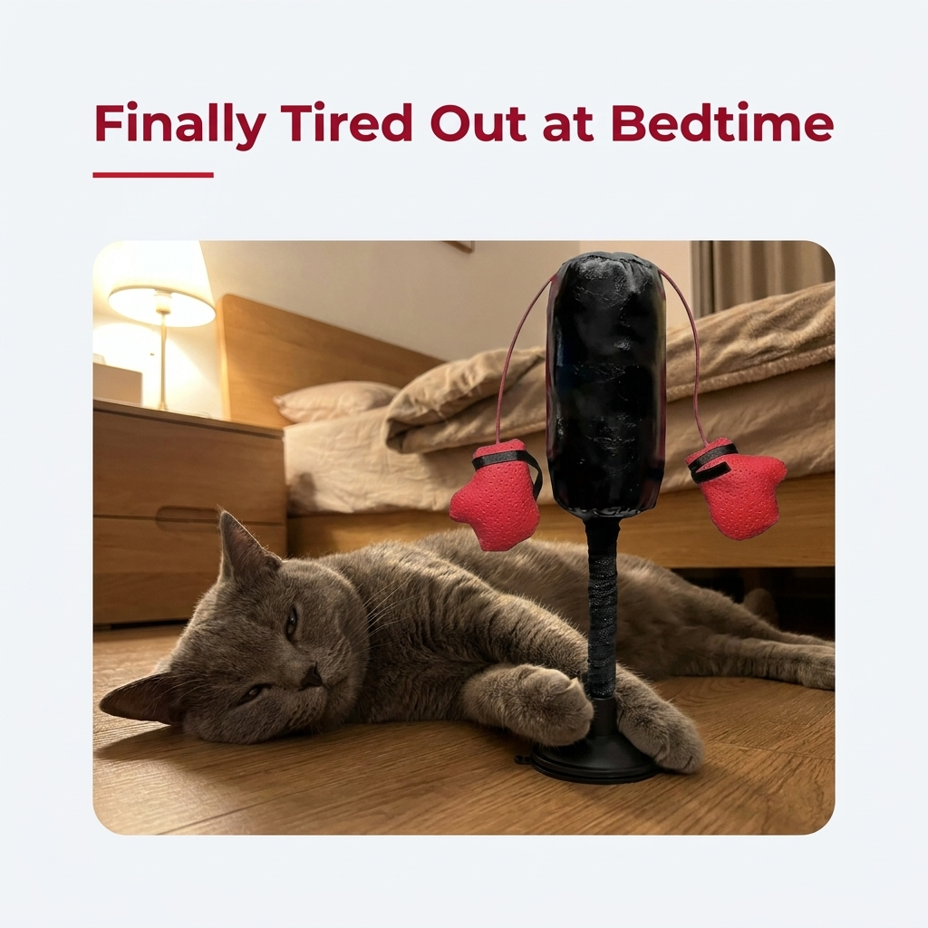 Cat tired out after playing with boxing toy at bedtime