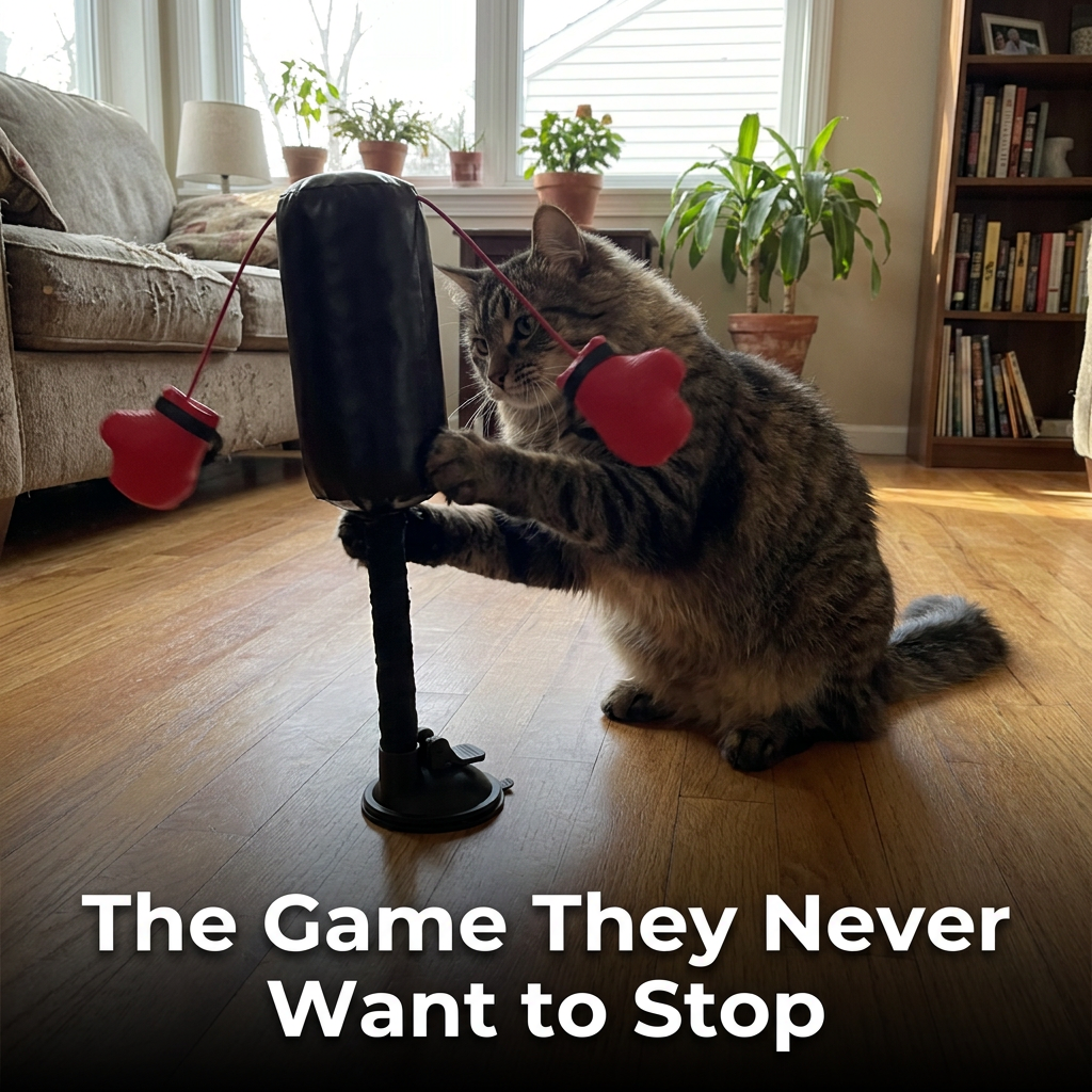 Cat playing with interactive boxing toy in living room