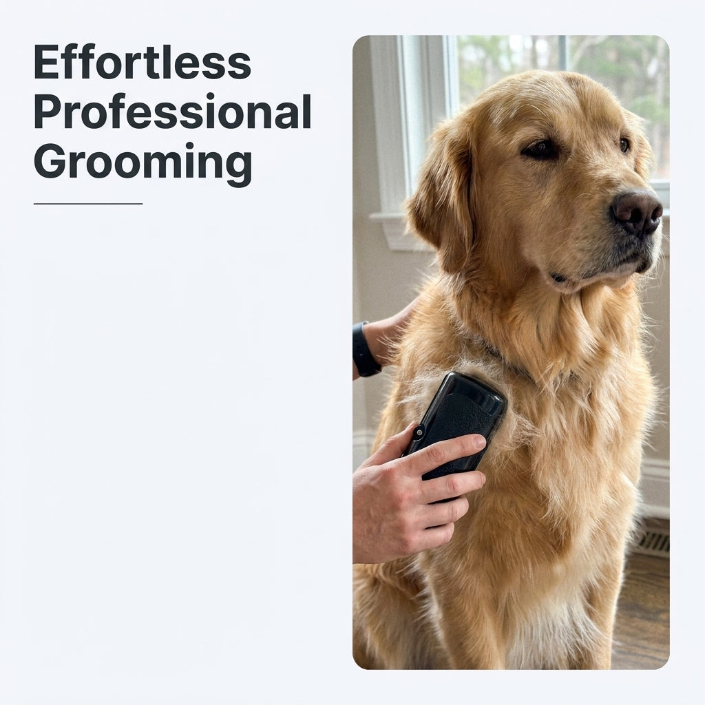 Golden retriever being groomed with text Effortless Professional Grooming