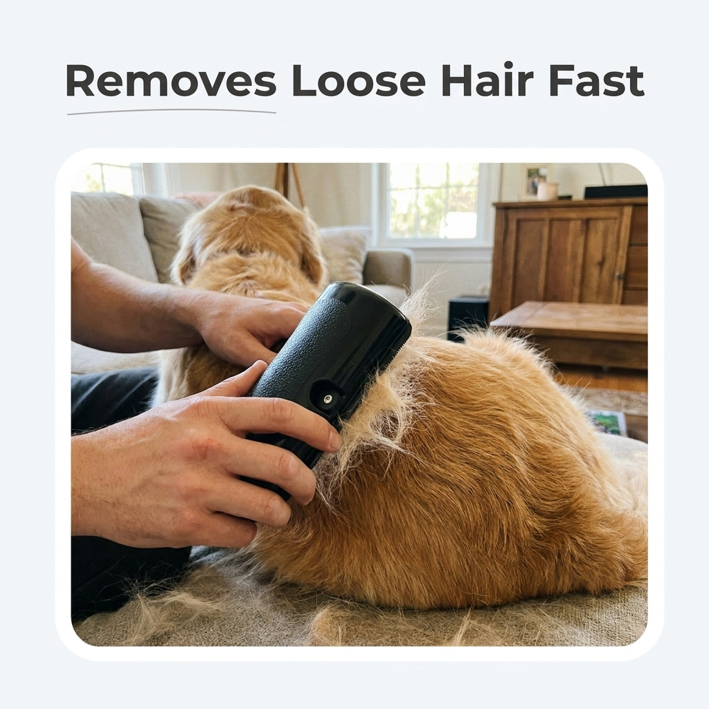 Golden retriever being brushed on a sofa with text Removes Loose Hair Fast