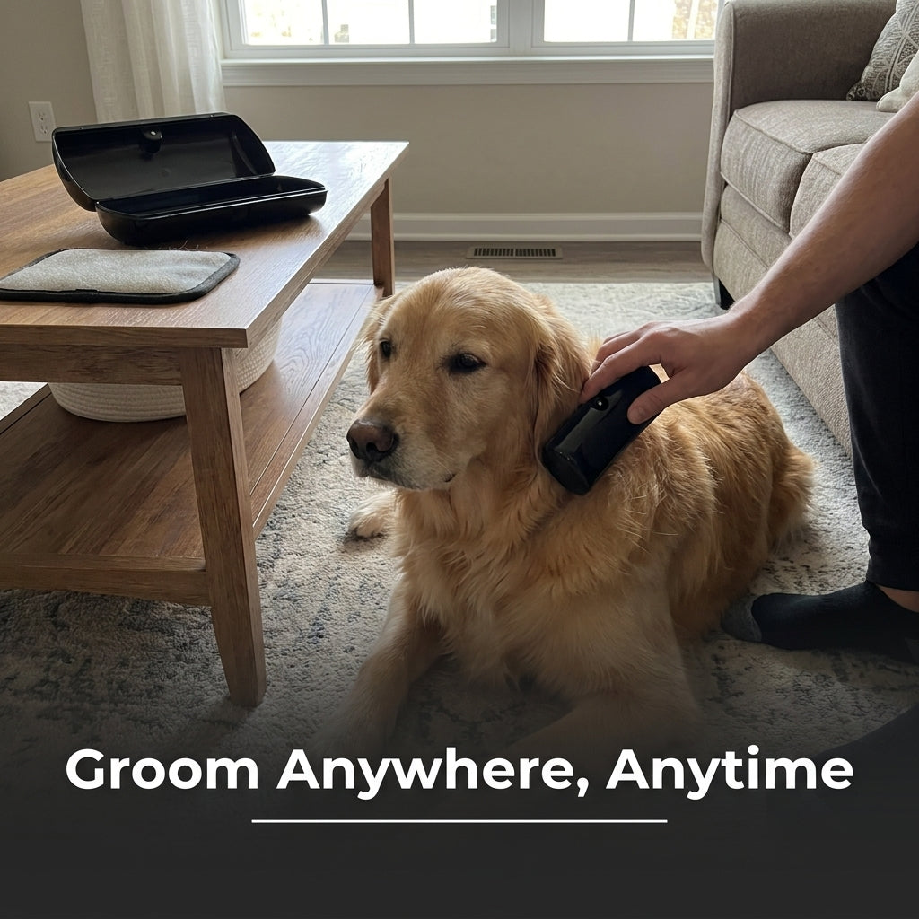 Golden retriever being groomed in a living room with text Groom Anywhere, Anytime