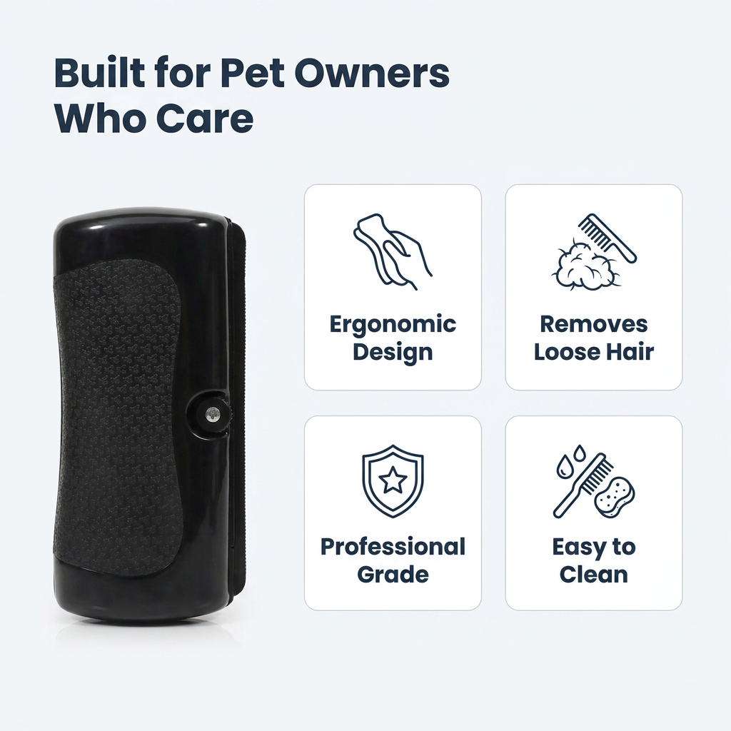 Built for Pet Owners Who Care infographic showing ergonomic design, removes loose hair, professional grade, easy to clean