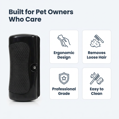 Built for Pet Owners Who Care infographic showing ergonomic design, removes loose hair, professional grade, easy to clean
