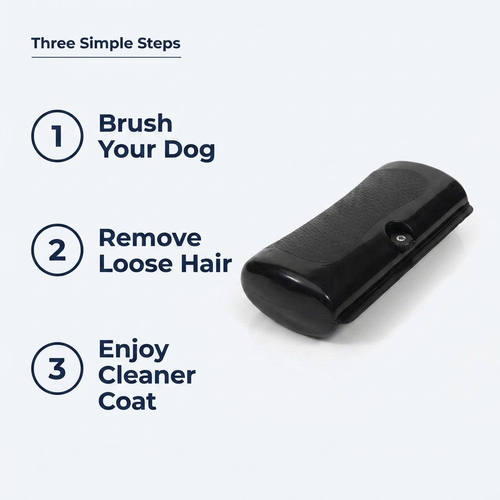 Three Simple Steps infographic: brush your dog, remove loose hair, enjoy a cleaner coat