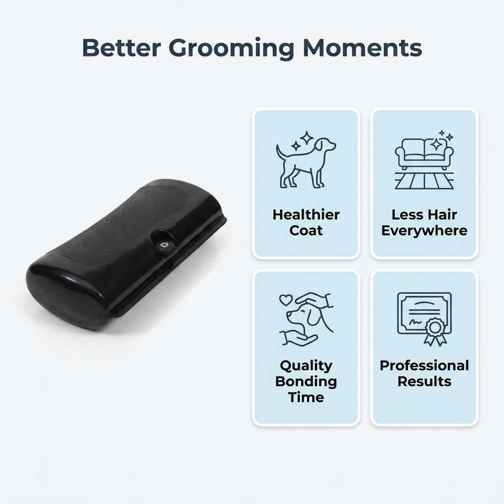 Better Grooming Moments infographic showing healthier coat, less hair everywhere, quality bonding time, professional results