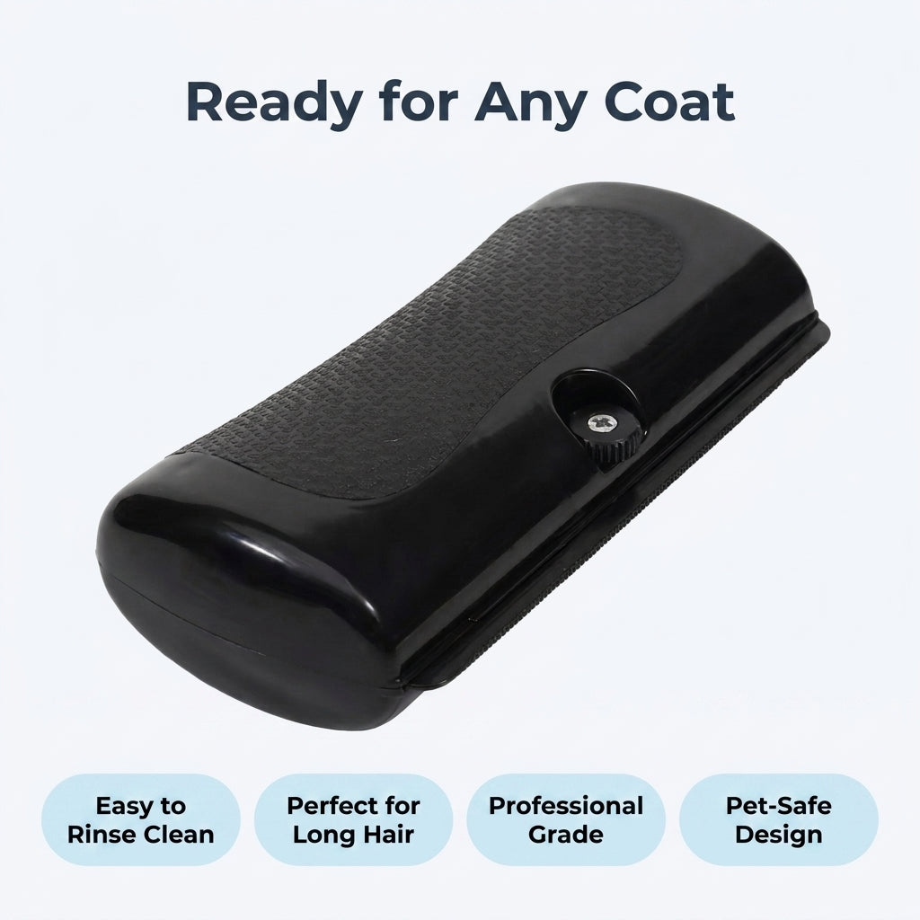 Ready for Any Coat infographic: easy to rinse clean, perfect for long hair, professional grade, pet-safe design