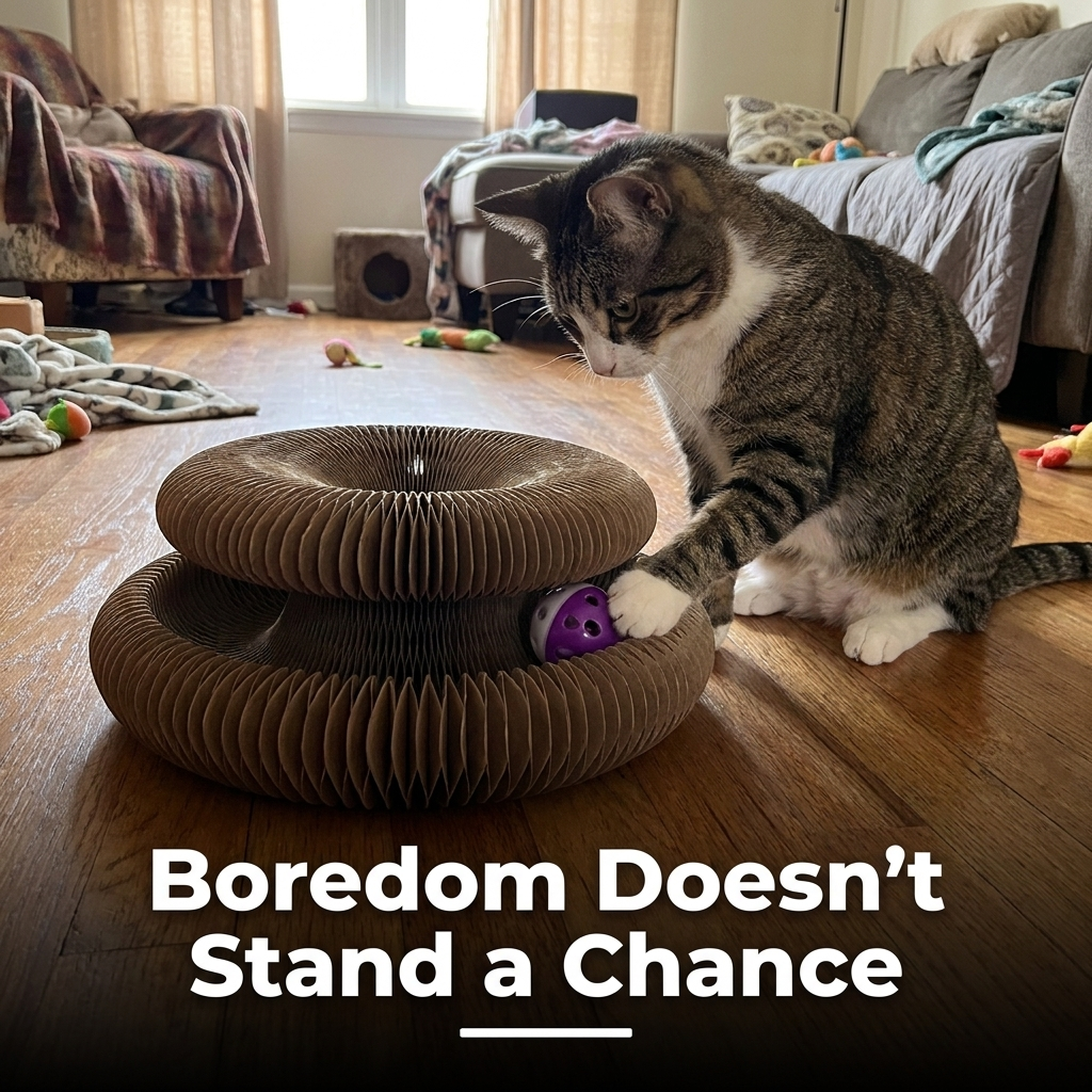 Cat playing inside the corrugated scratcher bed on a floor with text reading Boredom Doesn't Stand a Chance.