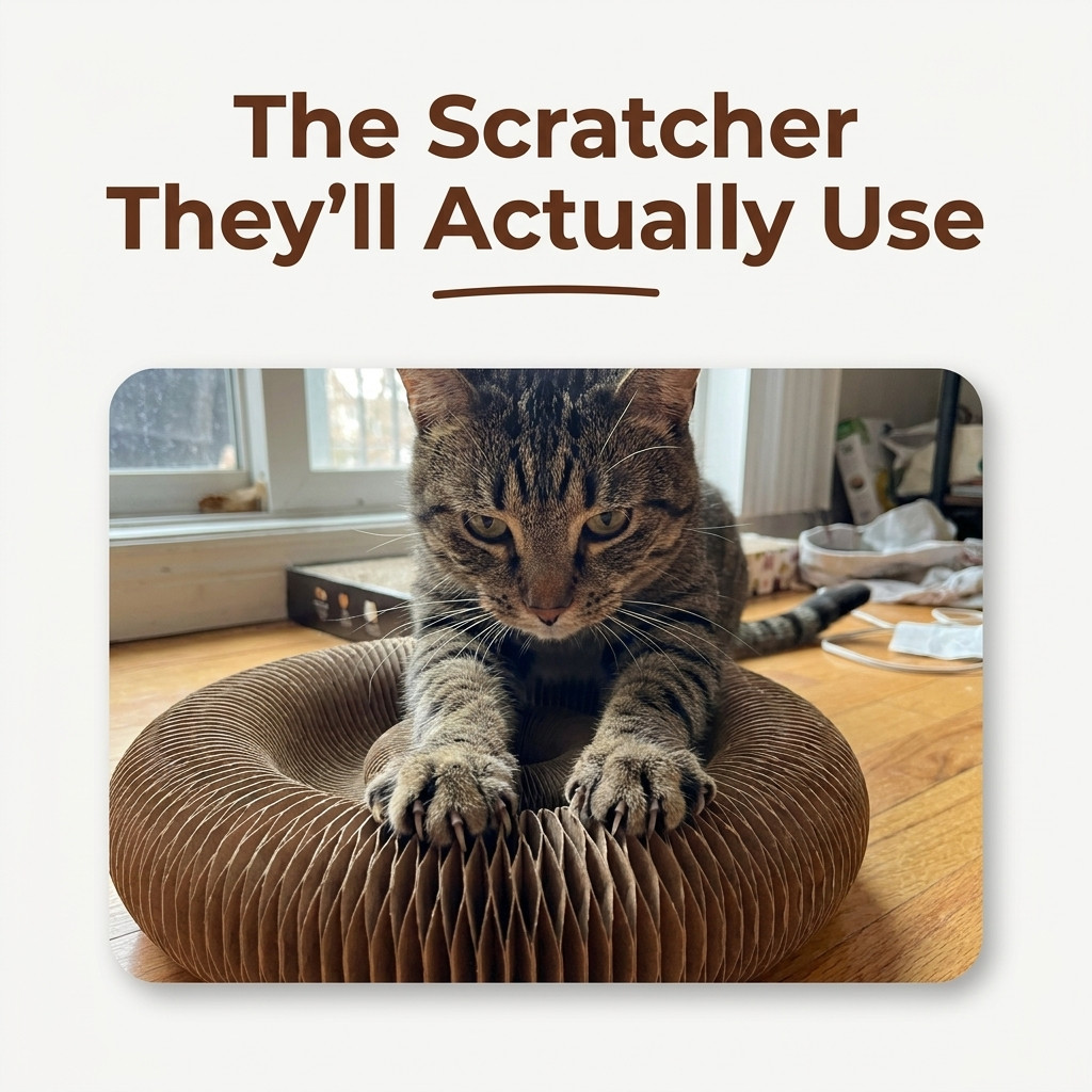 Cat sitting inside the corrugated scratcher bed with text reading The Scratcher They'll Actually Use.