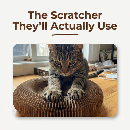 Cat sitting inside the corrugated scratcher bed with text reading The Scratcher They'll Actually Use.