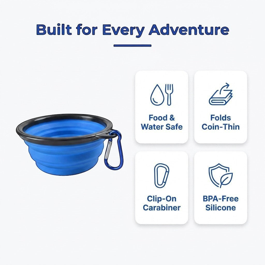 Infographic showing the collapsible travel bowl's food and water safe silicone, foldable design, and secure carabiner clip.