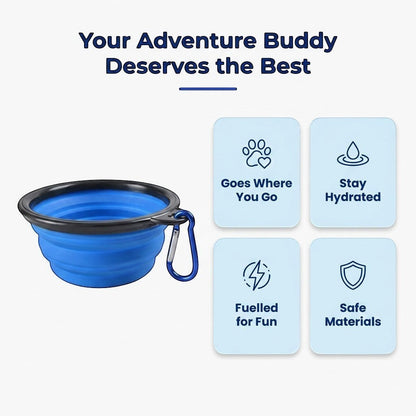 Infographic listing the collapsible travel bowl's benefits, including portability, hydration on the go, and safe materials.