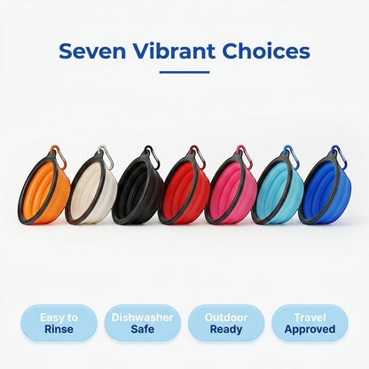 Infographic displaying the collapsible travel bowl in seven available colors, including orange, black, red, blue, pink, sky blue, and white.