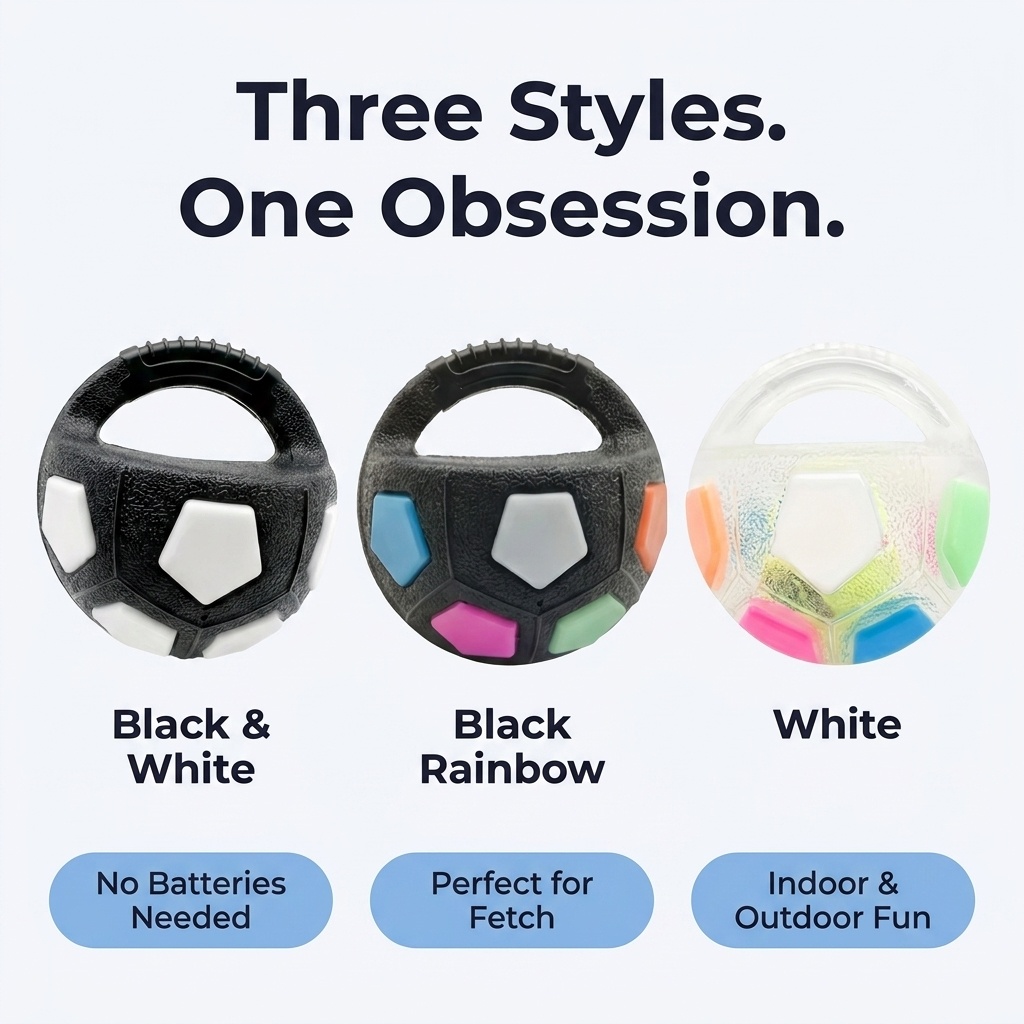 Three styles of the Soccer Ball Pet Vocal Toy: Black and White, Black Rainbow, and White