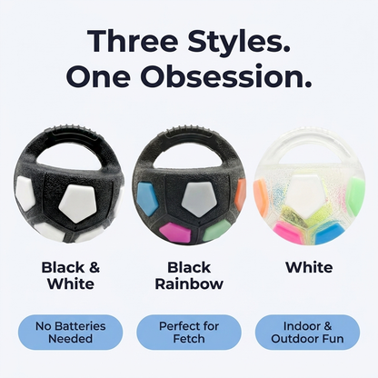 Three styles of the Soccer Ball Pet Vocal Toy: Black and White, Black Rainbow, and White