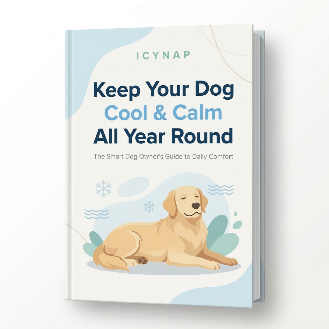 Digital guide cover titled Keep Your Dog Cool and Calm All Year Round featuring an illustrated golden dog with snowflakes