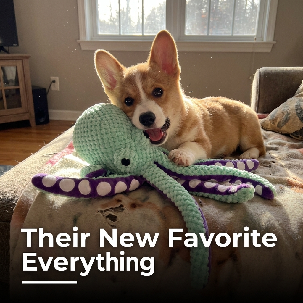 Corgi puppy lying on a blanket while chewing a mint green plush octopus dog toy.
