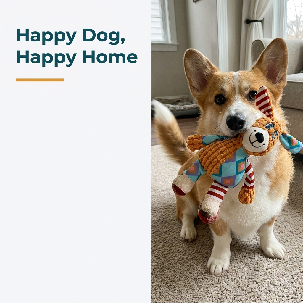 Corgi holding an orange plush dog-design toy in its mouth at home.