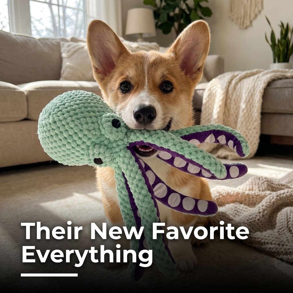 Corgi puppy sitting upright with a mint green plush octopus dog toy held in its mouth.