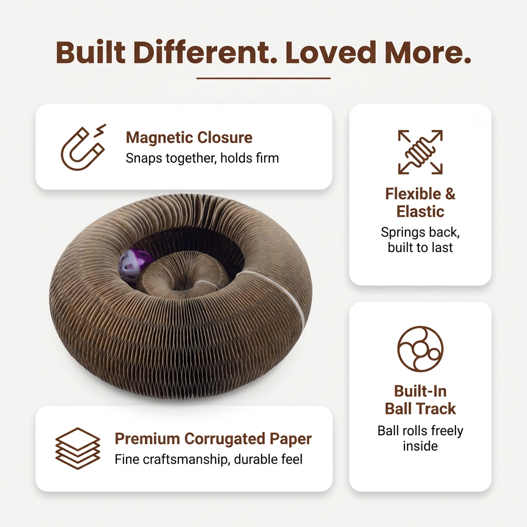 Built Different Loved More infographic highlighting the scratcher bed's magnetic closure and flexible design.