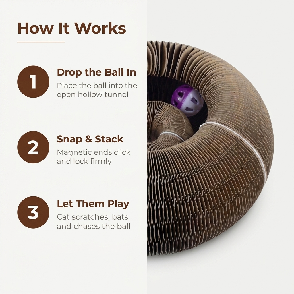 How It Works infographic showing the three steps to unfold, snap, and stack the scratcher bed.