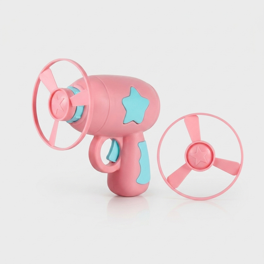 Pink mini flying disc launcher cat toy hero shot