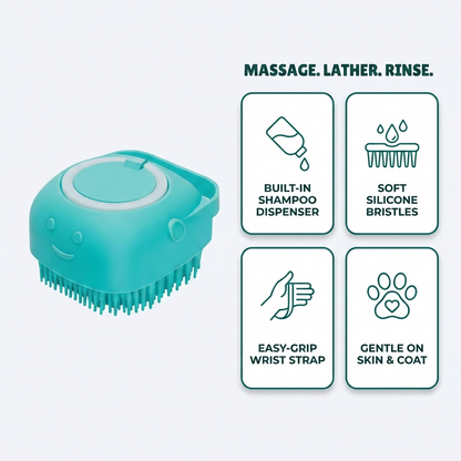 Feature callout infographic showing a built-in shampoo dispenser, soft silicone bristles, easy-grip wrist strap, and gentle on skin and coat, beside the teal brush.