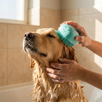 A wet golden retriever being bathed as a person lathers its head with the teal silicone grooming brush.