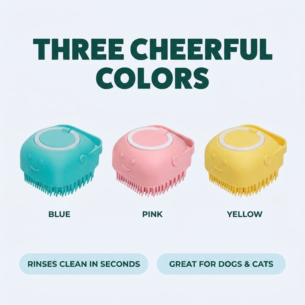 Color options infographic titled Three Cheerful Colors showing the silicone dog grooming brush in blue, pink and yellow.