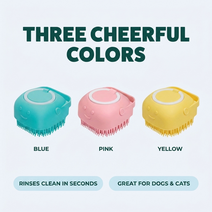 Color options infographic titled Three Cheerful Colors showing the silicone dog grooming brush in blue, pink and yellow.