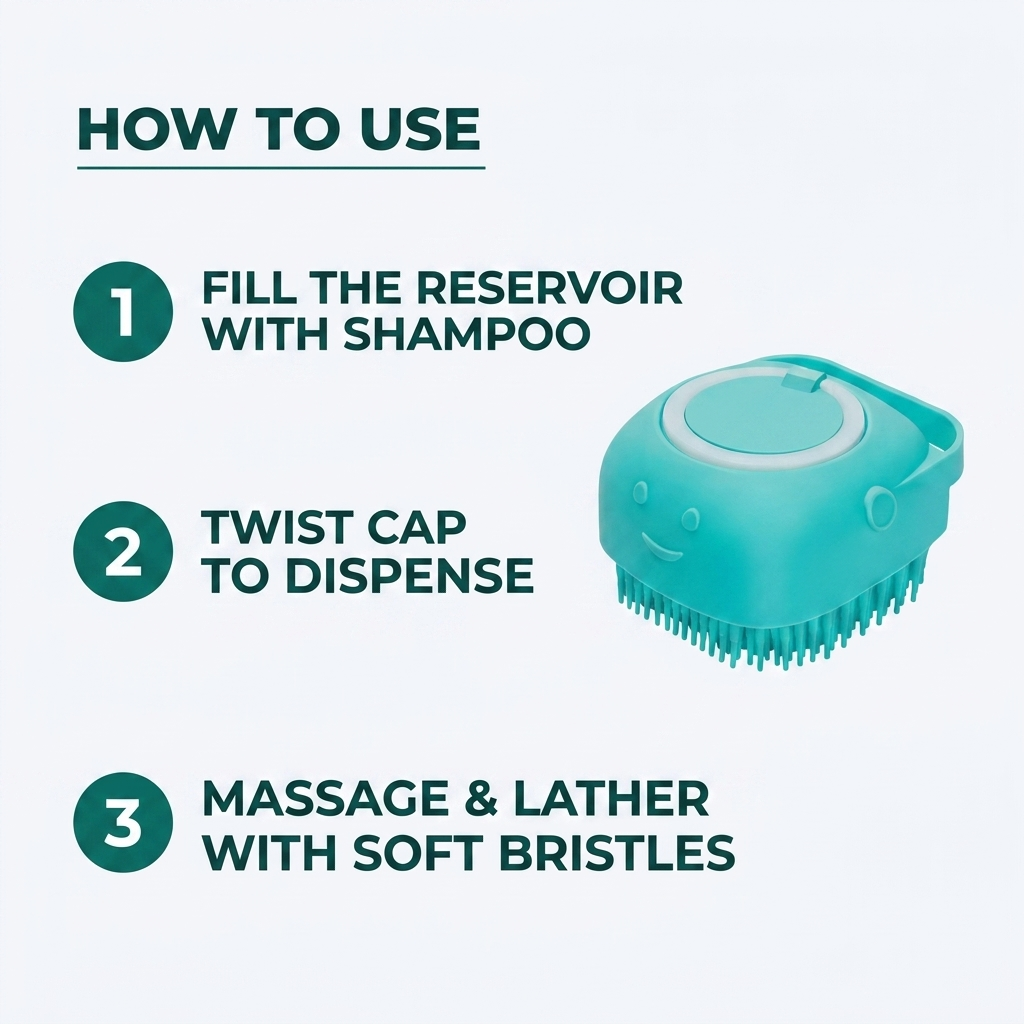 How To Use infographic showing three steps: fill the reservoir with shampoo, twist the cap to dispense, and massage and lather with soft bristles, next to the teal brush.