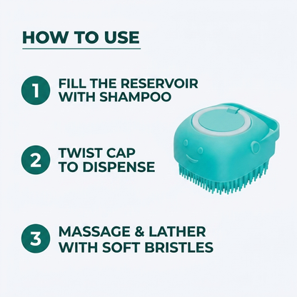 How To Use infographic showing three steps: fill the reservoir with shampoo, twist the cap to dispense, and massage and lather with soft bristles, next to the teal brush.