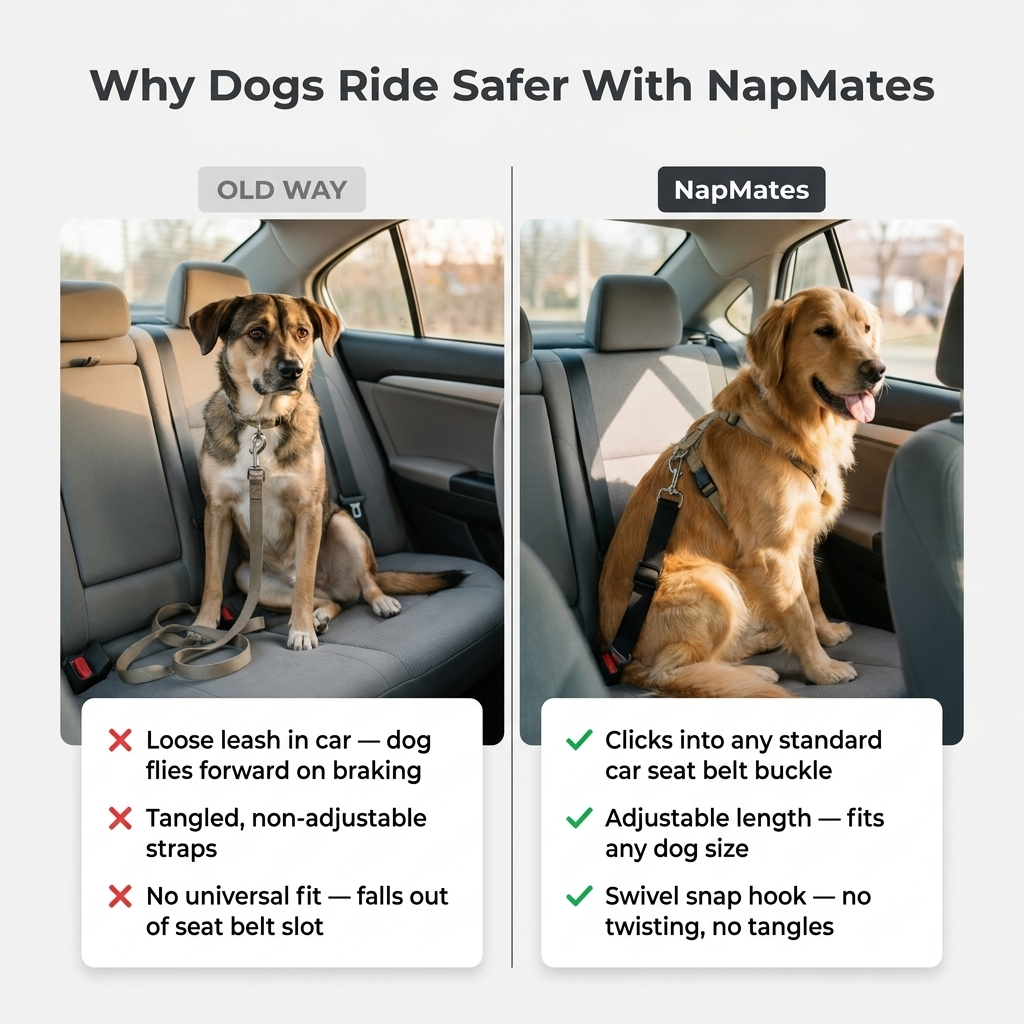 Comparison infographic showing a loose leash versus a secured dog car seat belt tether, with feature callouts for buckle fit, adjustable length and swivel snap hook.
