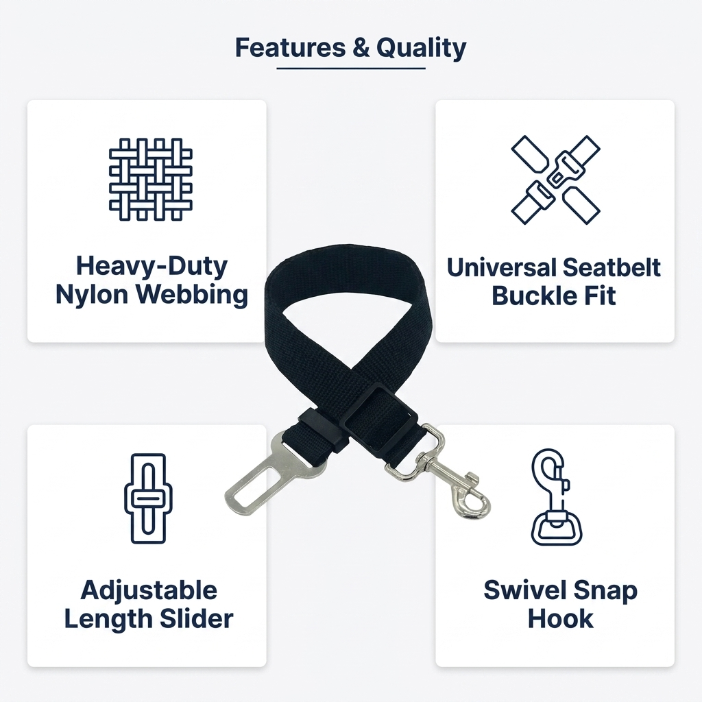 Features and quality infographic for a black dog car seat belt tether highlighting heavy-duty nylon webbing, universal seat belt buckle fit, adjustable length slider and swivel snap hook.