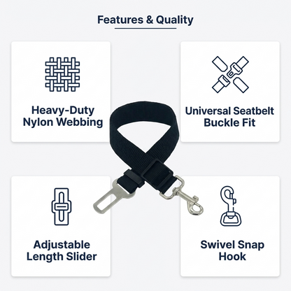 Features and quality infographic for a black dog car seat belt tether highlighting heavy-duty nylon webbing, universal seat belt buckle fit, adjustable length slider and swivel snap hook.