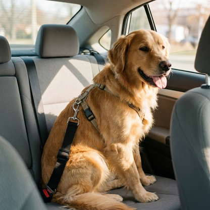 Lifestyle photo of a golden retriever sitting in a car back seat wearing a harness clipped to a black dog car seat belt tether.