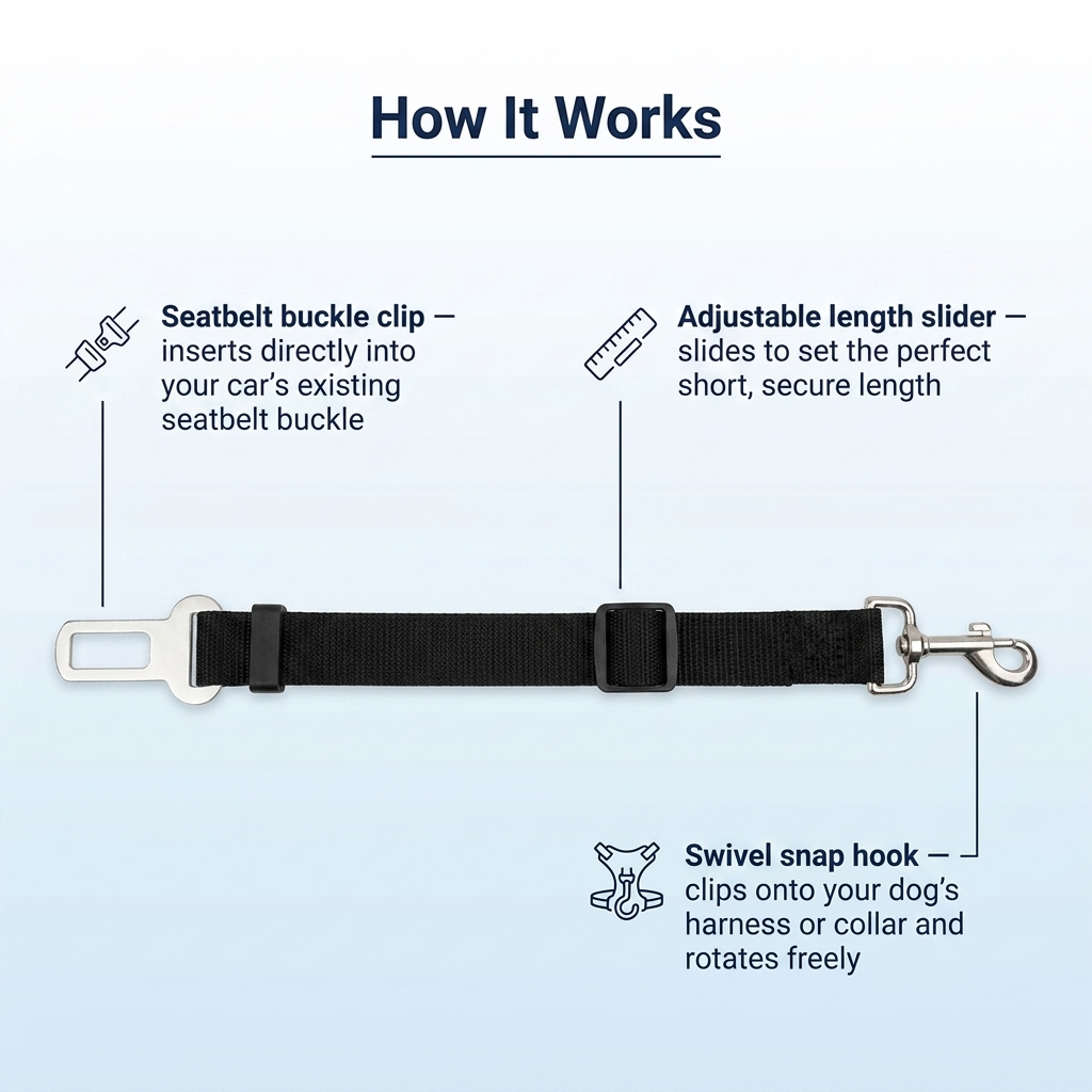 How-it-works infographic of a black dog car seat belt tether labeling the seat belt buckle clip, adjustable length slider and swivel snap hook.