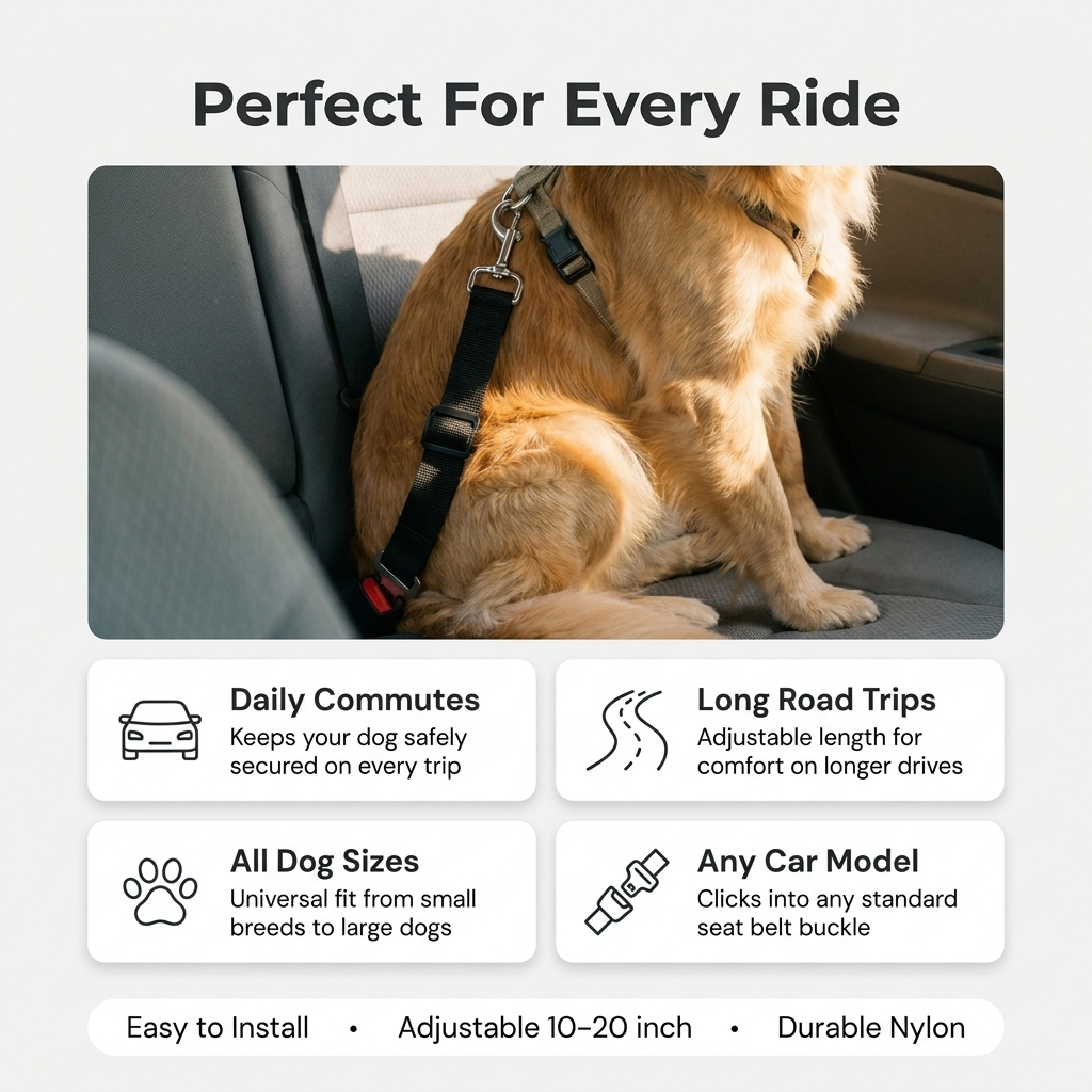 Infographic titled Perfect For Every Ride with a dog secured by a seat belt tether in a car and callouts for daily commutes, road trips, all dog sizes and any car model.